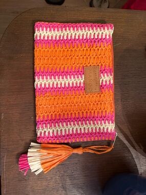Mango Striped Woven Tassel Pouch in Pink, Orange & Cream